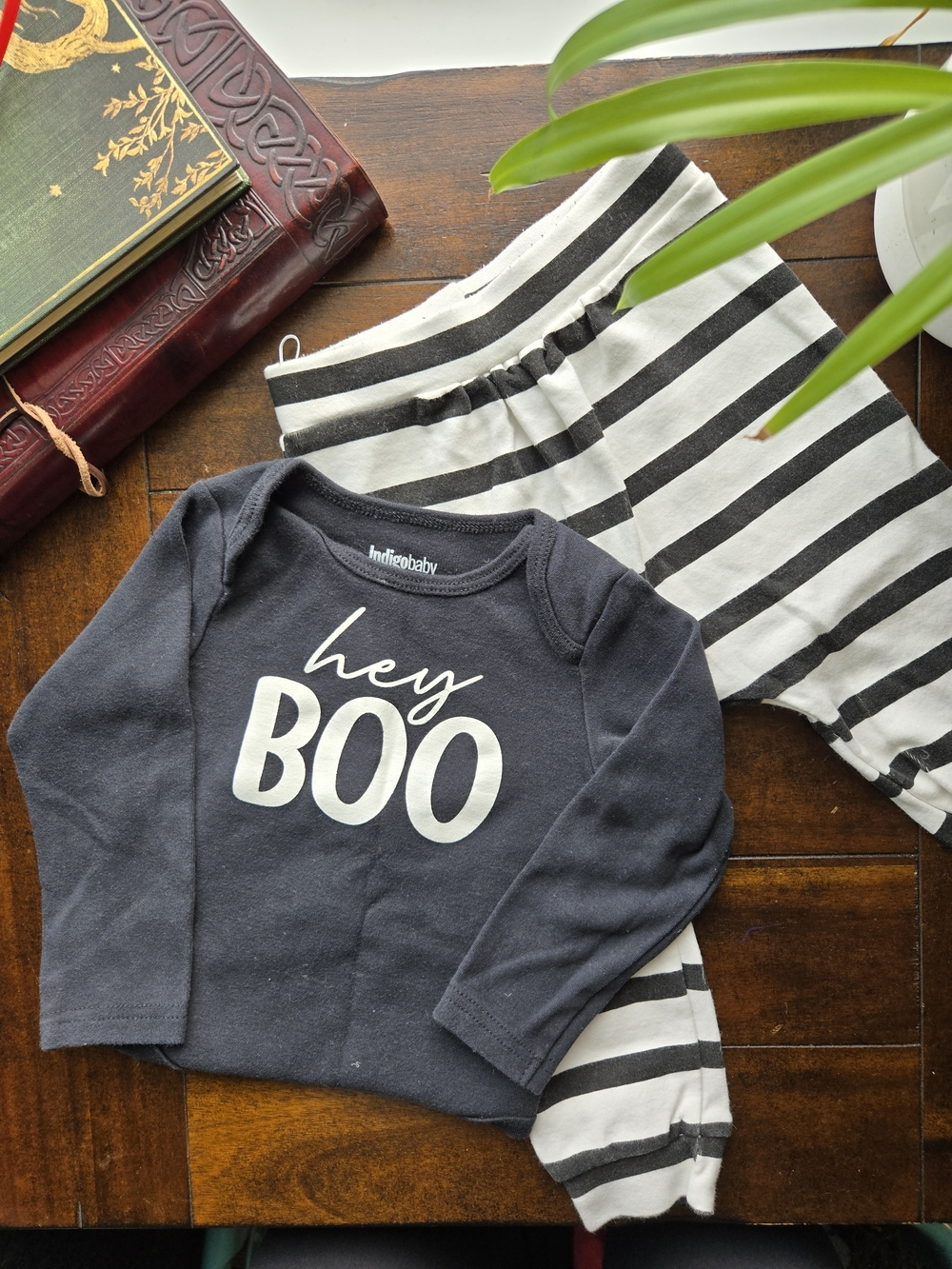 Indigobaby Halloween Black  'hey BOO' Top with Striped Joggers